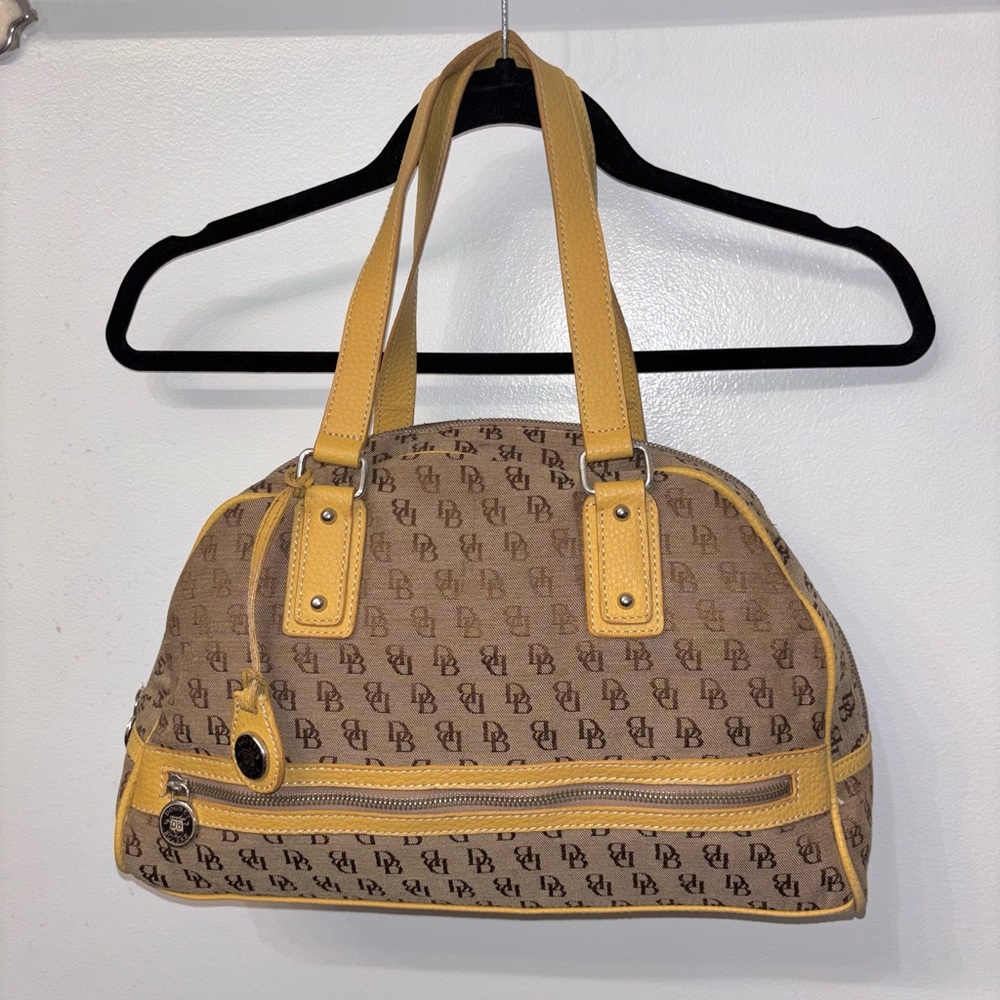 Vintage Dooney & Bourke Beige Monogram Shoulder Bag with Light Tan Trim